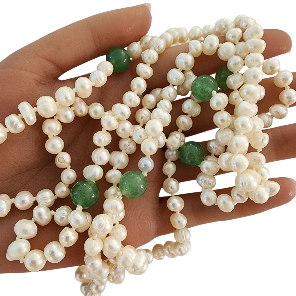 Extra long pearl necklace with green apple quartz hand knotted pearls L511 -Q5